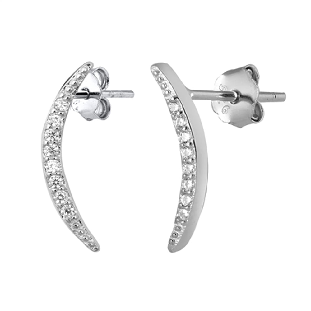 Sterling Silver Slender Curve Long Bar Elegant Cluster Earrings Clear CZ 925 New Jewelry Female