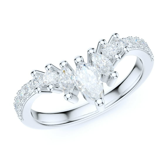 Sterling Silver Slight V Shaped Crown Simulated Marquise & Round Diamond Matching Ring Wedding Band (3.5)