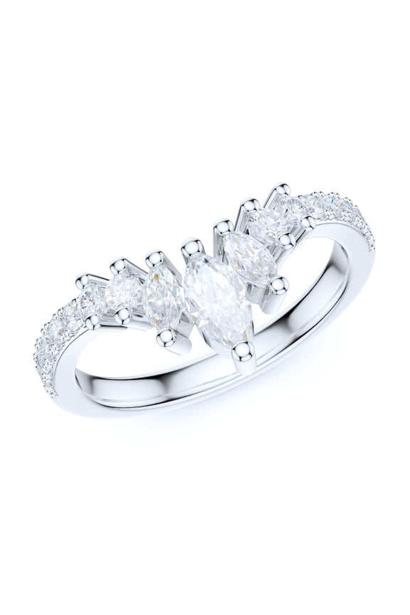 Sterling Silver Slight V Shaped Crown Simulated Marquise & Round Diamond Matching Ring Wedding Band (7)