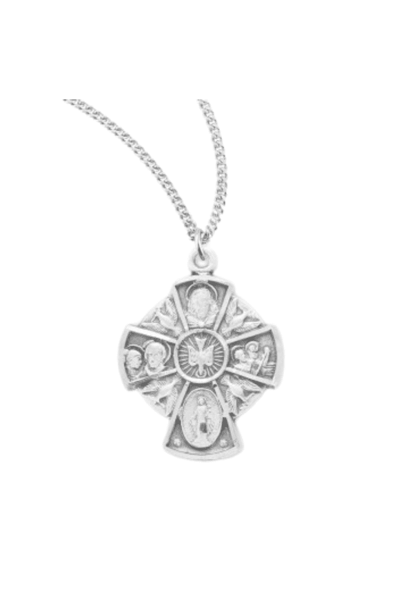 Sterling Silver Small 4-Way Medal with Holy Spirit, 18" Rhodium Plated Stainless Steel Chain, Deluxe Velvet Gift Box