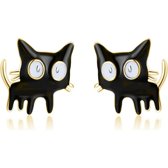 Sterling Silver Small Cat Studs Earrings for Women Teens Black Cat Earrings Studs Small Kitten Earrings Cat Gift for Cat Lovers