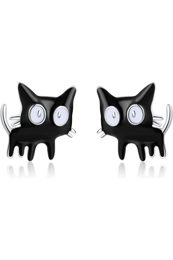 Sterling Silver Small Cat Studs Earrings for Women Teens Black Cat Earrings Studs Small Kitten Earrings Cat Gift for Cat Lovers