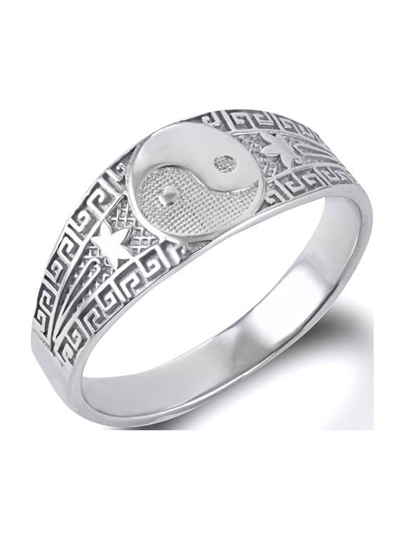 Sterling Silver Small Chinese Yin & Yang Tai Chi Textured Greek Key Star Ring in Size 10