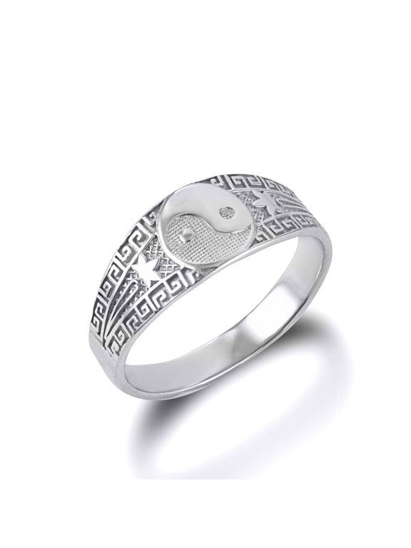 Sterling Silver Small Chinese Yin & Yang Tai Chi Textured Greek Key Star Ring in Size 8.5