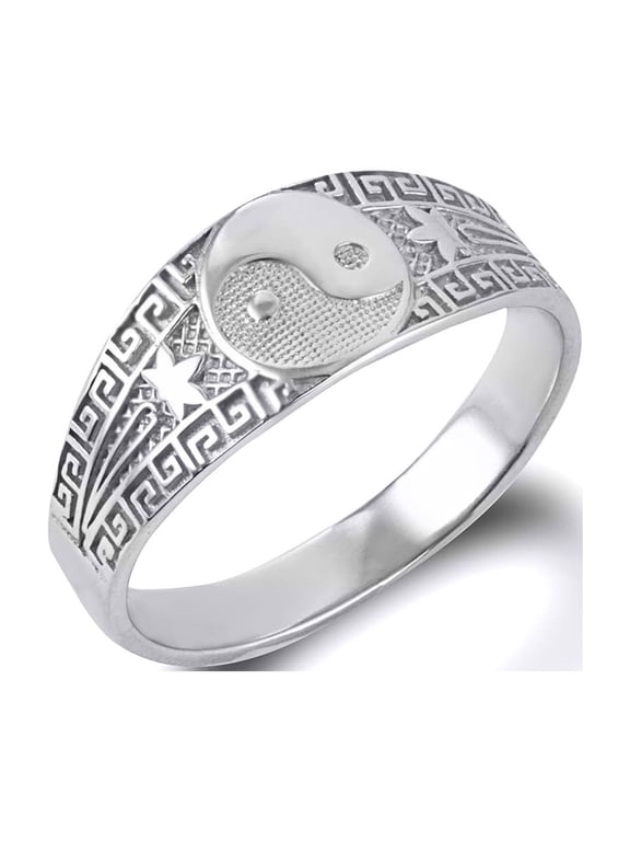 Sterling Silver Small Chinese Yin & Yang Tai Chi Textured Greek Key Star Ring in Size 8