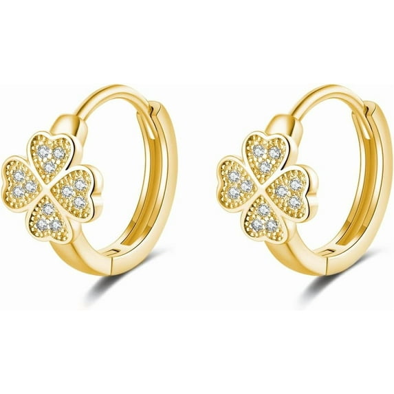 Sterling Silver Small Clover Leaf Hoop Earrings for Women Teens CZ Clover Leaf Flower Hoop Earrings