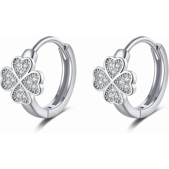 Sterling Silver Small Clover Leaf Hoop Earrings for Women Teens CZ Clover Leaf Flower Hoop Earrings