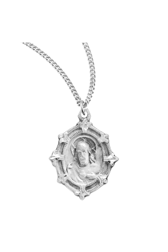 Sterling Silver Small Fancy Sacred Heart of Jesus Scapular Medal, 18" Rhodium Plated Stainless Steel Chain, Made in USA - Deluxe Velvet Gift Box