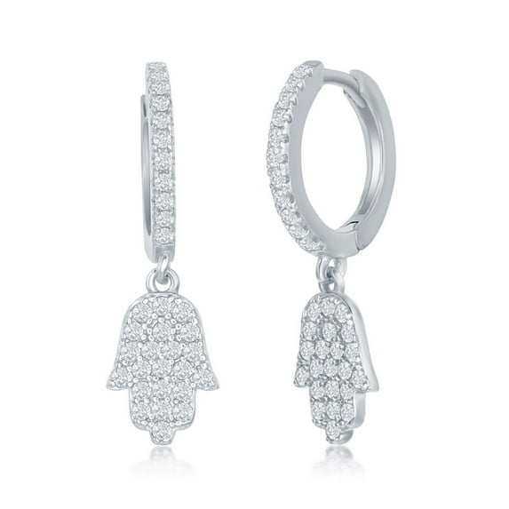 Sterling Silver Small Huggie Hanging Charm Hoop Cubic Zirconia Earrings