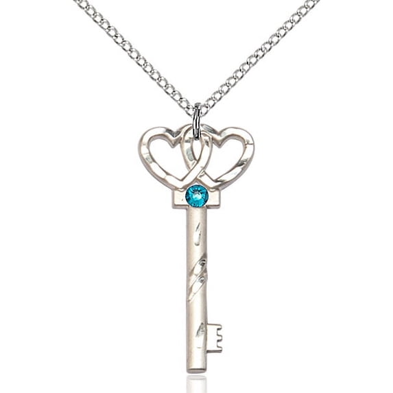 Sterling Silver Small Key w/Double Hearts Pendant w/ 3mm December Blue Crystal 1 1/4 X 1/2 inches w/ 18 inch Curb Chain