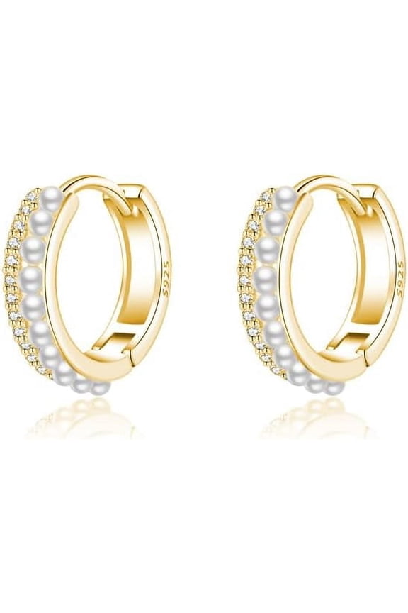 Sterling Silver Small Pearls Huggie Earrings - Women Teens CZ Pearls Hoop Earrings for Wedding & Bridal Occasions