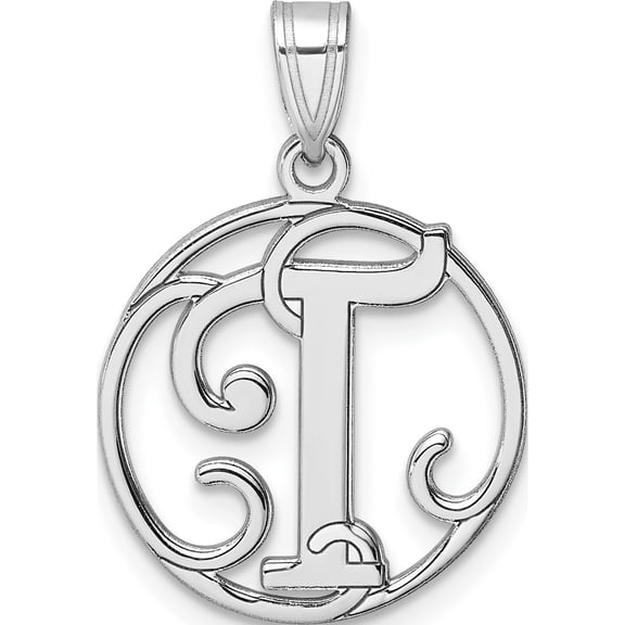 Sterling Silver Small Rhodium-Plated Fancy Script Letter T Initial Pendant (Width 16.99) (Length 25.65) - Jbsp