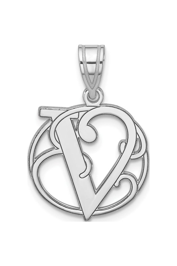 Small Sterling Silver Rhodium-plated Fancy Script Letter V Initial Pendant