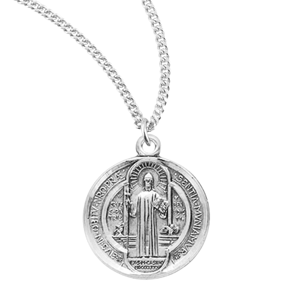 Sterling Silver Small Saint Benedict Round Jubilee Medal Necklace, Protector Against Evil, 18" Rhodium Plated Stainless Steel Chain, Made in USA- Deluxe Velvet Gift Box Included