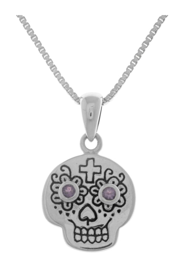 Sterling Silver Small Voodoo Skull Pendant with Amethyst on 18 Inch Box Chain Necklace