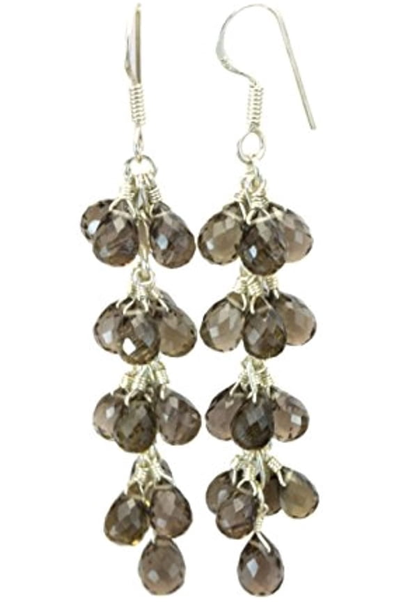 Sterling Silver Smoky Quartz Earrings Chandelier Long Cluster Smokey Teardrops Silvertone Wired Accents Designed for Adult Women