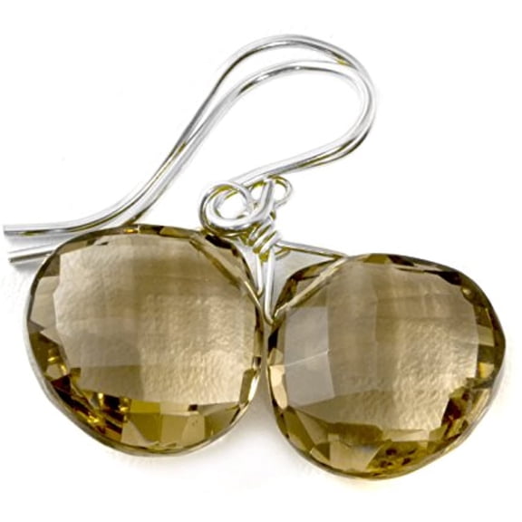 Sterling Silver Smoky Quartz Earrings Faceted Heart Briolette Smokey Grey Brown Simple Dainty Drop Dangles Designed for Adult Women