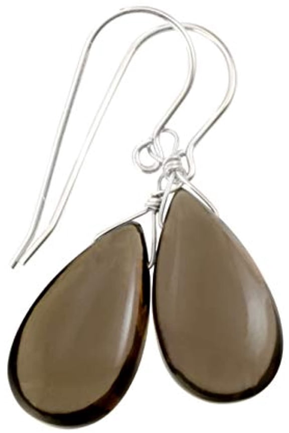Sterling Silver Smoky Quartz Earrings Smooth Teardrops Simple Light Brown Grey Smokey Dangle Drops Designed for Adult Women
