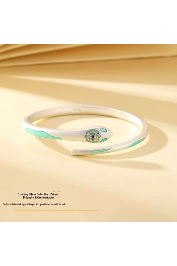 Sterling Silver Snake Cuff Bracelet for Women, S925 Adjustable Open Bangle with Floral Enamel Design