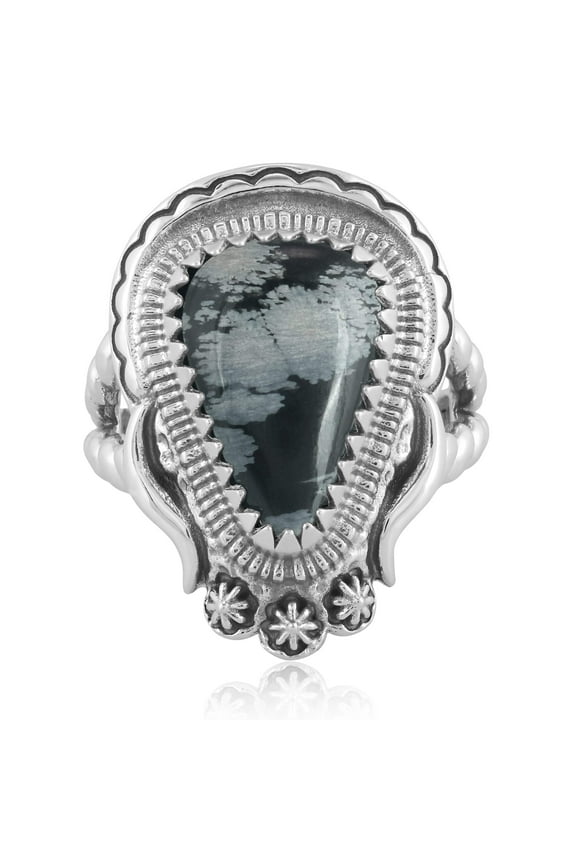 Sterling Silver Snowflake Obsidian Split Shank Rope Ring, Sizes 5 to 11