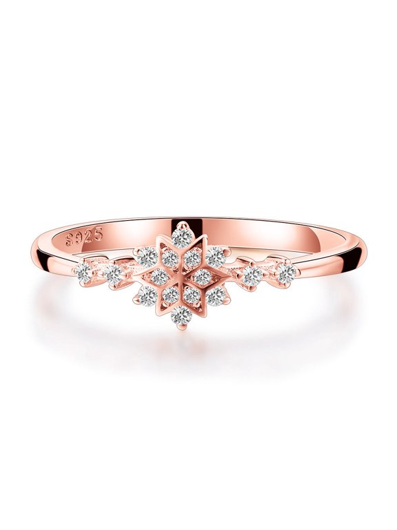 Sterling Silver Snowflake Rings for Women, European American Style, Gold Plated Inlaid Gems, 925 Silver, 1.7g