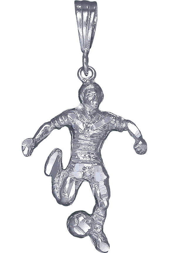 Sterling Silver Soccer Player Charm Pendant Necklace 1.7 Inches with Diamond Cut Finish and 24 Inch Figaro Chain