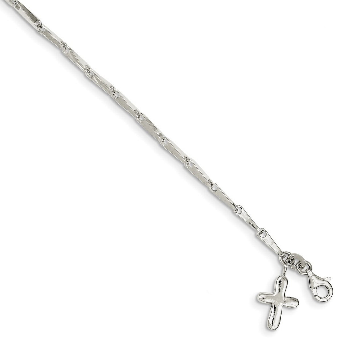 Sterling Silver Solid Cross on Fancy Link Anklet - 9 Inch - Lobster Claw - Measures 9mm Wide