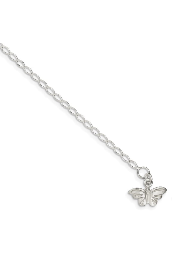 Sterling Silver Solid Polished Butterfly Anklet - 10 Inch - Spring Ring - Measures 17mm Wide