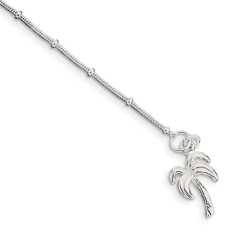 Sterling Silver Solid Polished Palm Tree Anklet - 10 Inch - Spring Ring - Measures 12mm Wide