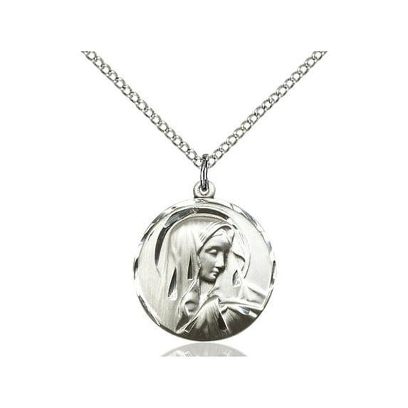 Sterling Silver Sorrowful Mother Pendant 3/4 x 5/8 inches with Sterling Silver Lite Curb Chain