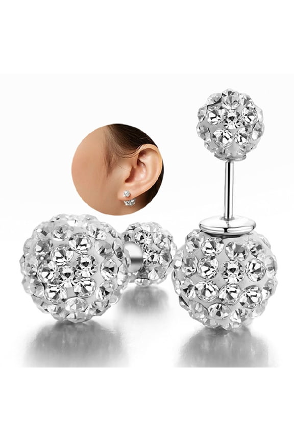 Sterling Silver Sparkle Bling Crystal Rhinestone Earrings Double Sided Front Back Ball Stud Earrings