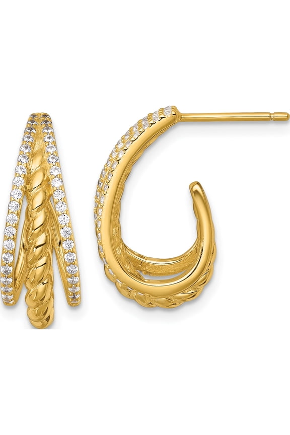 Sterling Silver Sparkling, Fashionable, Unique Cubic Zirconia (Cz) White 20.9 Mm Gold-Tone Polished And Twisted Cz Triple J-Hoop Post Earrings