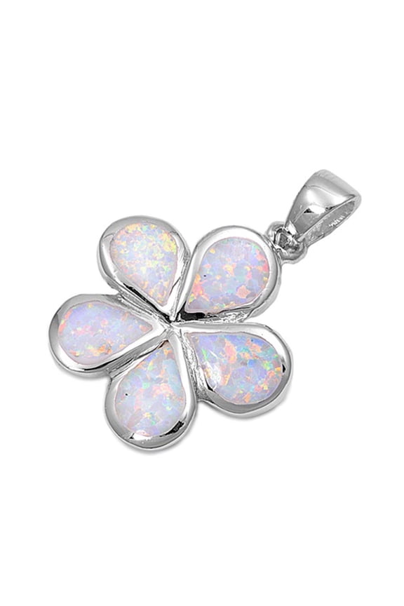 Sterling Silver Sparkly Teardrop Plumeria White Simulated Opal Pendant Charm Jewelry Female Unisex