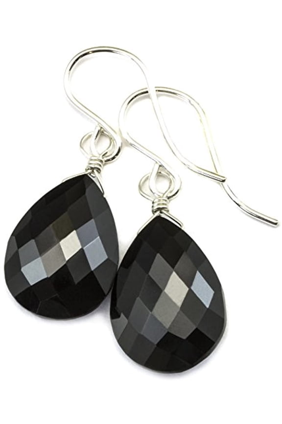 Sterling Silver Spinel Earrings Black Faceted Teardrop Dangle Style Tear Drop