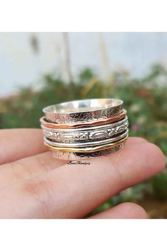 Sterling Silver Spinner Ring - 925 Silver Three Metal Band Statement Ring with Spinning Outer Band for Gift for Her Christmas