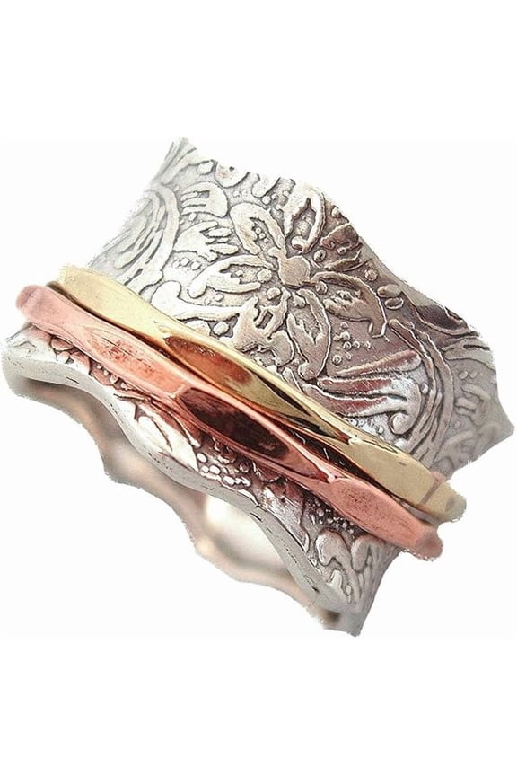 Sterling Silver Spinner Ring Handmade Floral Pattern Fidget Spinner Jewelry for Anxiety Relief & Comfortable Fit