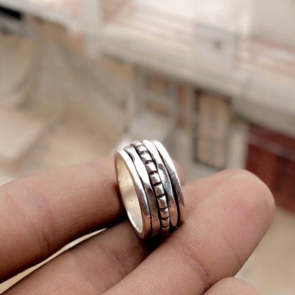 Sterling Silver Spinner Ring Handmade Statement Band | Designer Jewelry | Unique Artisan Fidget Spinner | Stress Relief Fashion