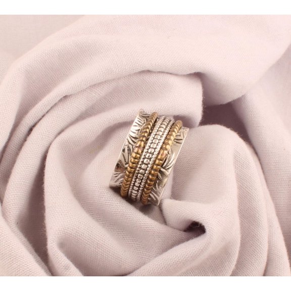 Sterling Silver Spinner Ring Handmade Textured Flower Band Fidget Spinner Band Boho Style Unisex Silver Meditation Jewelry