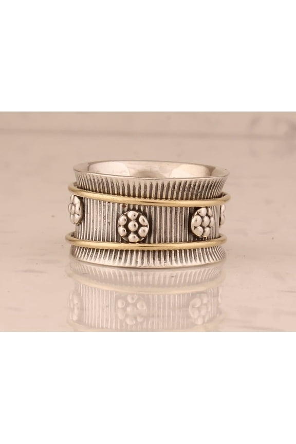 Sterling Silver Spinner Ring – Handmade Two-Tone Flower Design 925 Silver Ring Textured Band Unisex Fashion Jewelry Gift for Her