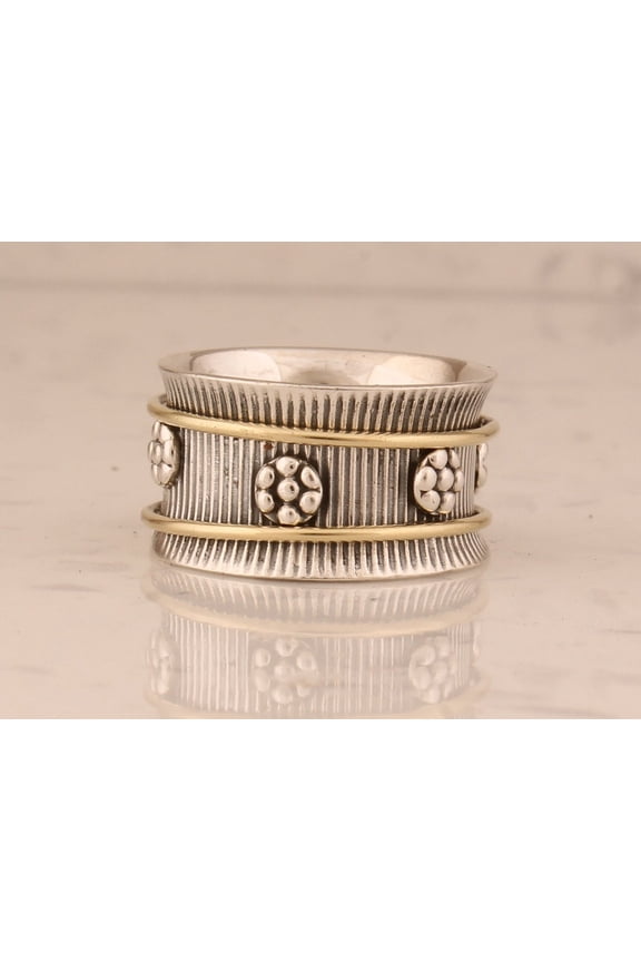 Sterling Silver Spinner Ring Handmade Two-Tone Flower Design Textured Meditation Band Unisex 925 Silver