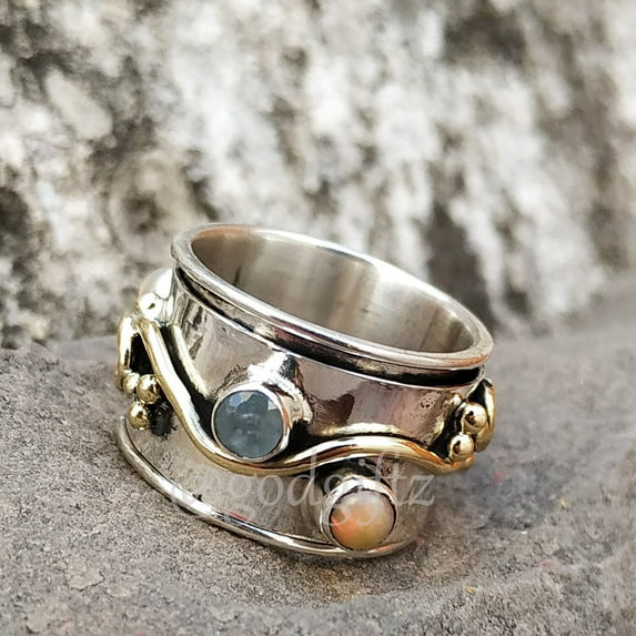Sterling Silver Spinner Ring: Opal & Aquamarine Gemstone Meditation Ring