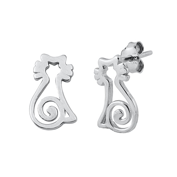 Sterling Silver Spiral Cat Outline Stud Earrings