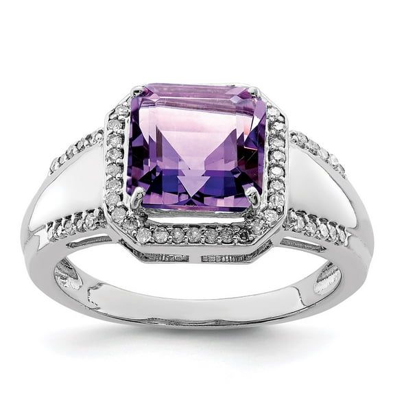 Sterling Silver Rhodium-plated Square Amethyst & Diamond Ring QR3080AM