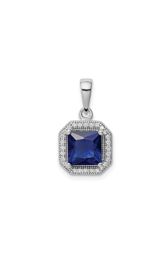 Sterling Silver Square Blue Gemstone Pendant Necklace for Women with Cubic Zirconia Halo, Elegant Formal Statement Jewelry, Luxury Fashion Accessory, September Birthstone Charm