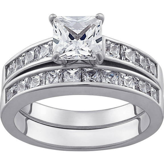 Sterling Silver Square CZ 2-PC  Wedding Ring Set