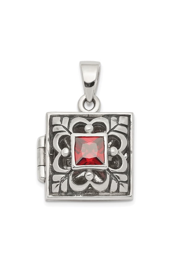 Sterling Silver Square Locket Necklace for Women with Red Gemstone, Floral Filigree Design, Vintage Victorian Style, Romantic Sentimental Jewelry Keepsake Pendant