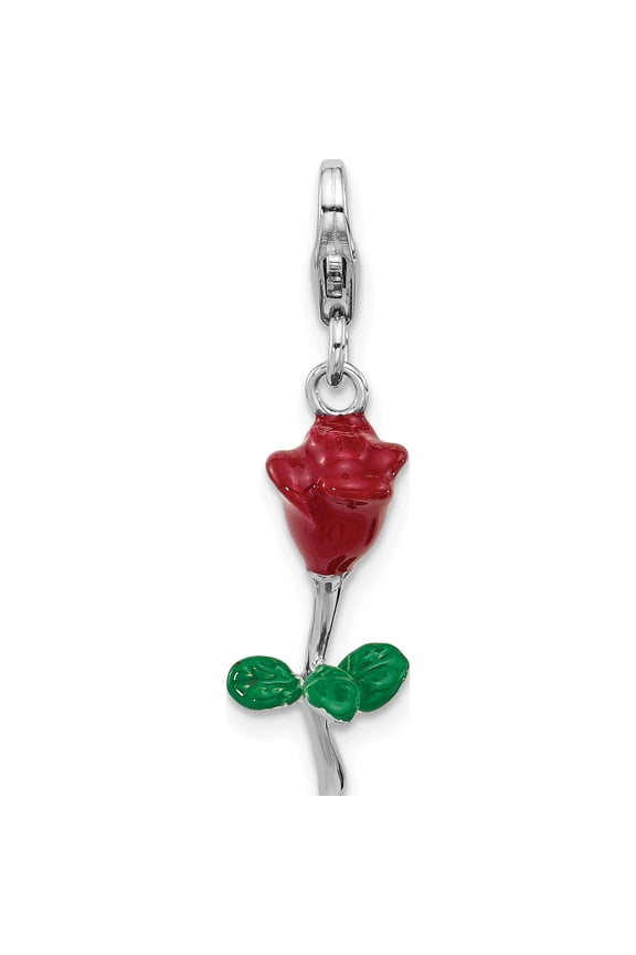 Amore La Vita Sterling Silver Rhodium-plated 3-D Red and Green Enameled Rose Charm with Fancy Lobster Clasp