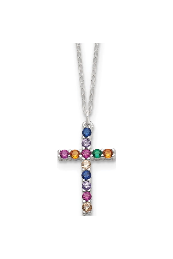 Sterling Silver SS Multi Color E-Coating CZ Cross 16in w/2in ext Necklace