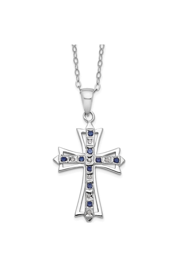 Sterling Silver Ss Platinum-Plated Diamond Mystique Dia/Sapphire Cross Necklace (18 X 19) Made In United States qdf129
