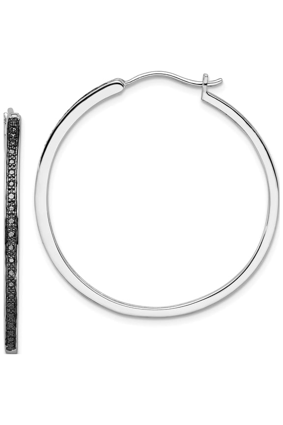Sterling Silver Ss Rh Plated White Night Black Diamond Hoop Earrings (40 X 40) Made In India qe10927